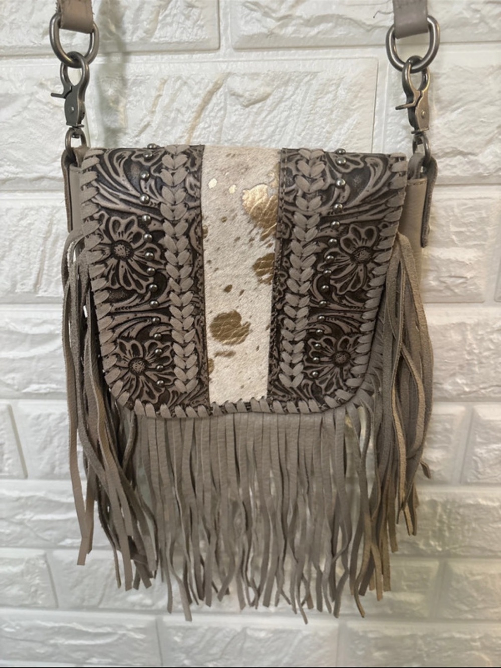 Western Crossbody Purse Leather Fringe Gold Fur Bag Cow Print Rodeo Boho